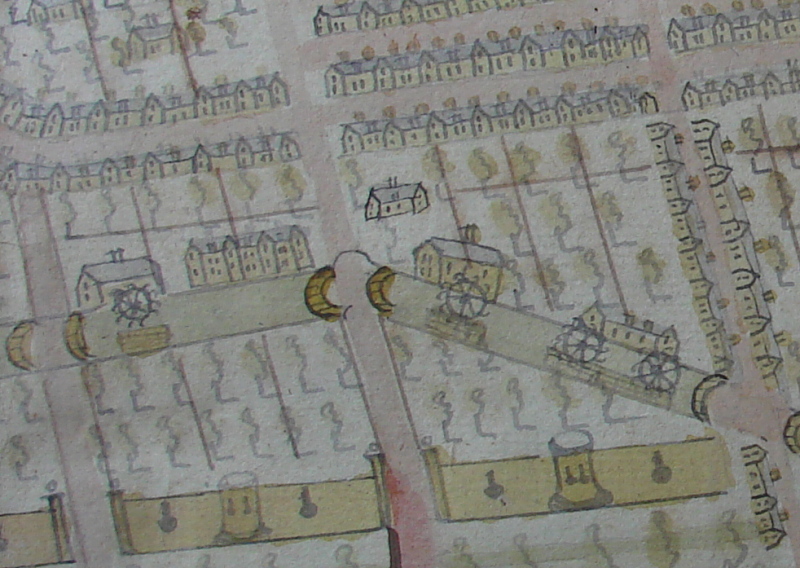 Plan schématique de la ville figurant le moulin Notre-Dame vers 1791 (registre des mutations, Archives municipales)