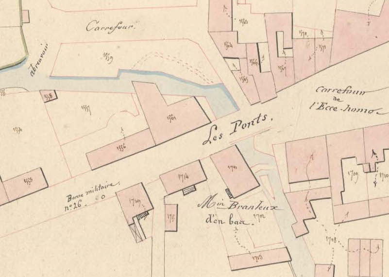 Les moulins Branleux d'En-Haut et d'En-Bas sur le plan du cadastre de 1827