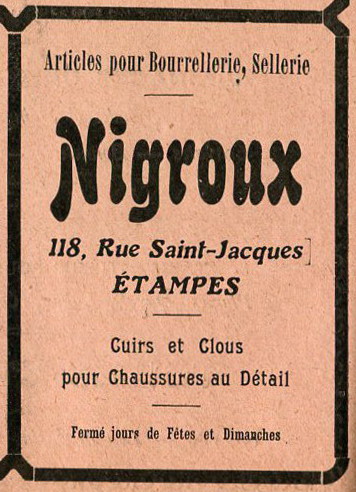 Réclame pour Nigroux bourrelier à Etampes (1913)