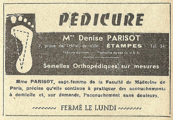 Réclame pour l'entreprise de Denise Parisot, sage-femme et pédicure à Étampes en 1958