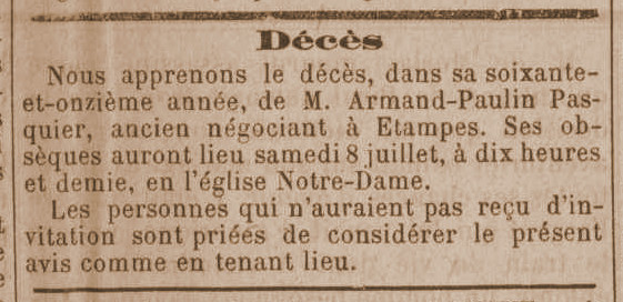 Annonce du décès d'Armand Pasquier en 1911