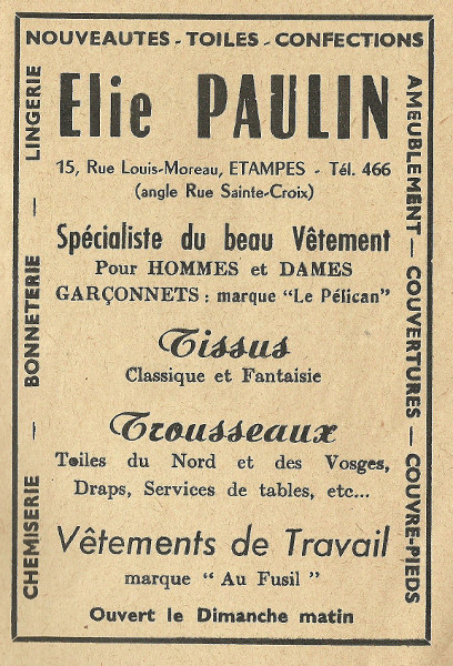 Réclame pour le commerce de confection-nouveautés d'Elie Paulin à Étampes en 1958