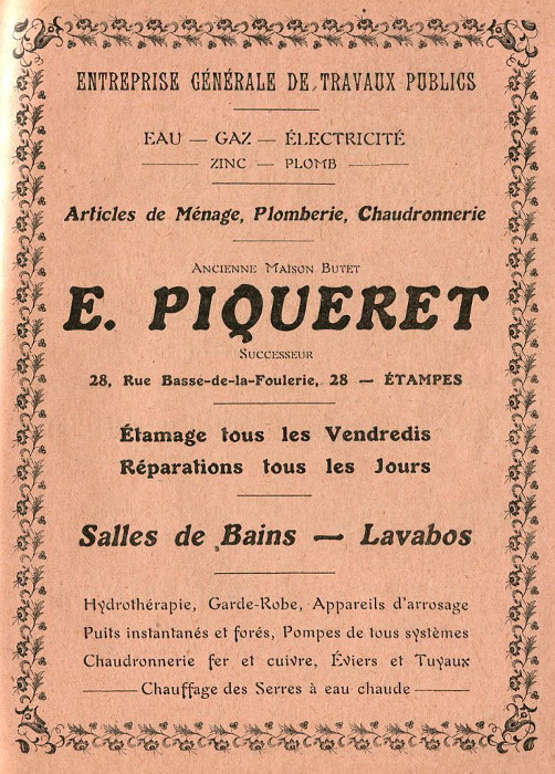 Réclame pour Piqueret,entrepreneur de BTP à Etampes, 1913