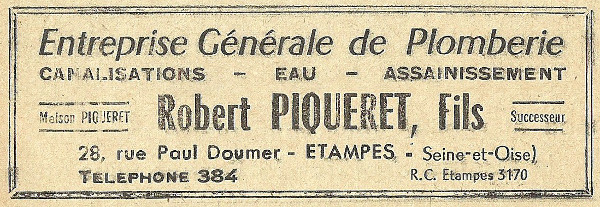 Réclame pour Robert Piqueret, plombier, en 1958