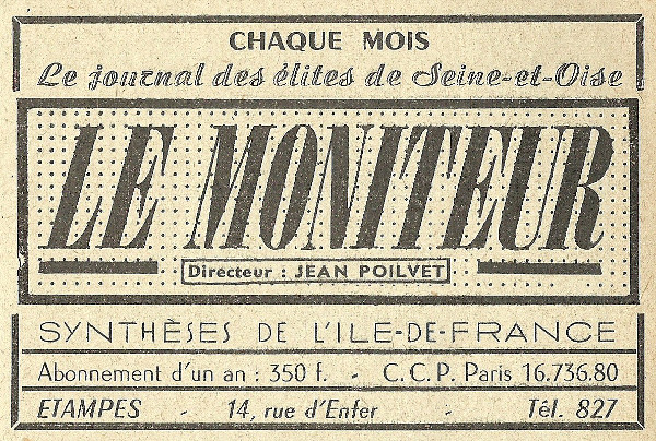 Réclame pour le journal Le Moniteur, dirigé par Jean Poilvet à Etampes en 1958