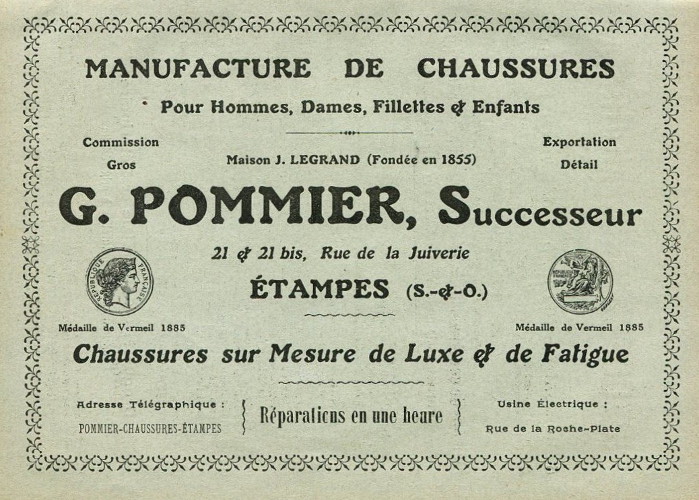 G. Pommier, marchand de chaussures à Etampes (1913)