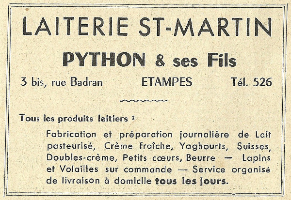 Réclame pour la laiterie de Jean-François Python à Etampes en 1958