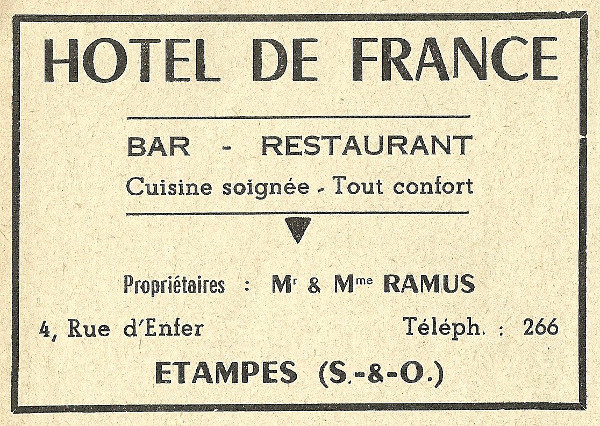Réclame pour l'hôtel de France à Etampes tenu par Pierre Ramus en 1958