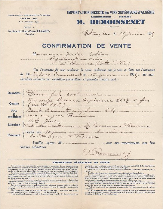 Confirmation de vente de Remoissenet (1935)