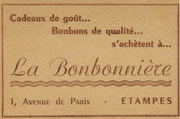 Réclame pour la confiserie Routy à Etampes en 1958