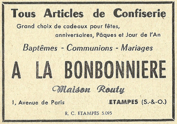 Réclame pour la confiserie Routy à Etampes en 1958
