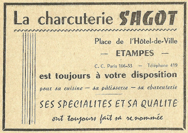Réclame pour la charcuterie Sagot à Etampes en 1958