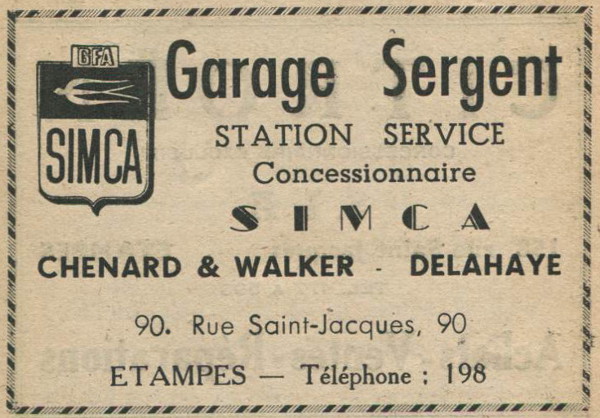 Réclame pour le garage Sergent à Etampes en 1948