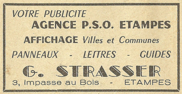 Réclame pour Georges Strasser, afficheur à Etampes en 1958