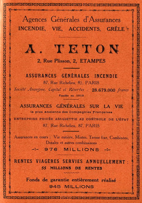 Réclame pour A. Teton, assureur à Etampes, 1913