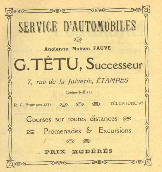 Réclame pour G. Têtu, voiturier à Etampes, 1925