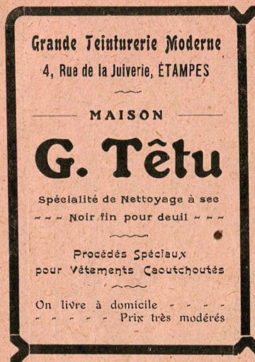 Réclame pour G. Têtu, teinturier à Etampes, 1913