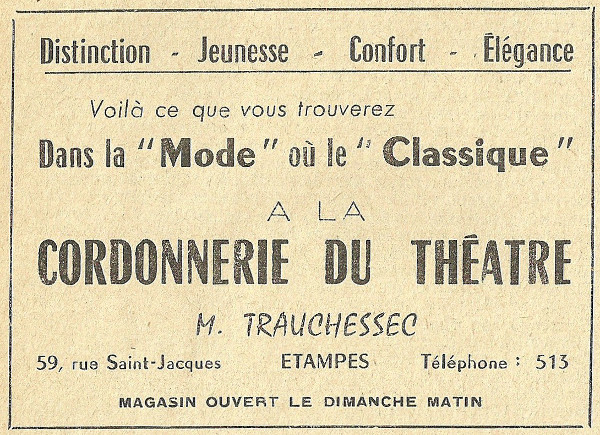 Réclame pour la cordonnerie du Théâtre tenue par M. Trauchessec à Etampes en 1958