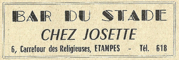 Réclame pour le bar du Stade tenue par Josette Varenne à Etampes en 1958