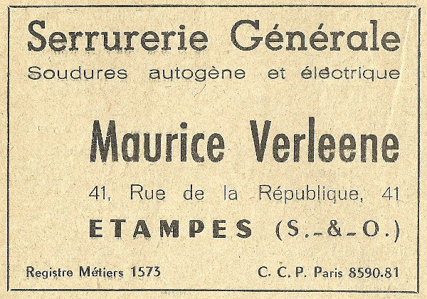 Réclame pour la serrurerie de Maurice Verleene à Etampes en 1958