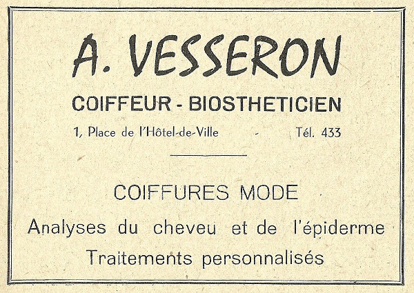 Réclame pour le salon de coiffure d'André Vesseron à Etampes en 1958