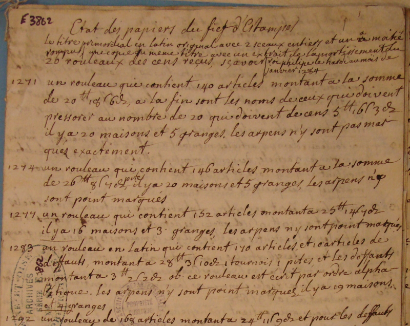 Etat des papiers du fief d'Etampes (1755)