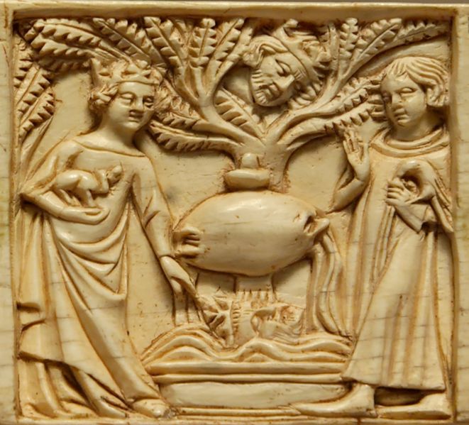 Tristan et Iseult à la Fontaine (plaque d'ivoire, vers 1345, musée du Louvres)