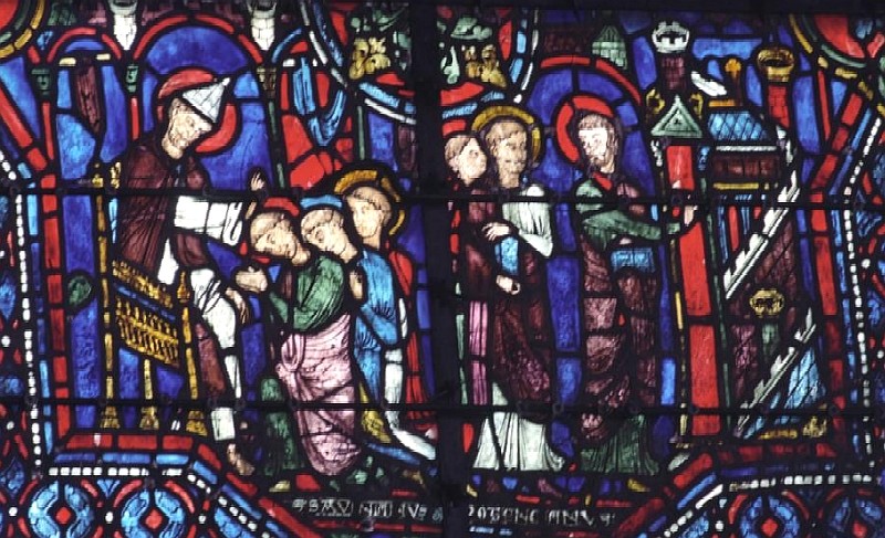 Saints Savinien et Potentien, envoyés par saint Pierre, puis arrivant à Sens (vitrail de Chartres, 13e siècle)