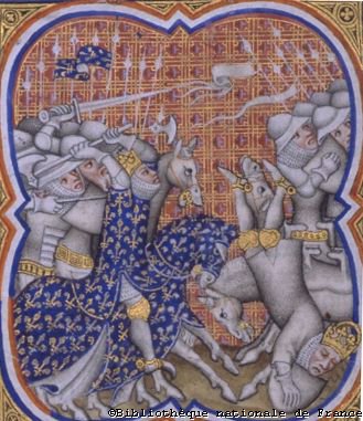 Bataille des Francs contre les Romains (miniature pour les Grandes Chroniques de France (14e siècle, © BNF)