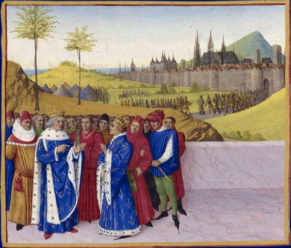 Rencontre entre Gontran et Childebert (miniature de Jean Fouquet pour les Grandes Chroniques de France, vers 1455-1460, BNF)