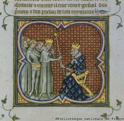 Entrevue de Gontran et de Childebert II (miniature du 14e siècle pour les Grandes Chroniques de France (14e siècle, BNF)