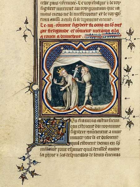 Assissinat de Sigebert en 575 (miniature du 14e siècle pour les Grandes Chroniques de France, ©  BNF)