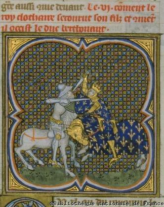Bertoald tué par Clotaire II lui même, épisode imaginaire (miniature pour les Grandes Chroniques de France, 14e siècle, © BNF)