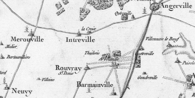 Intreville, frontière de la châtellenie d'Etampes à 7 kilomètre de Neuvy-en-Beauce (carte de Cassini de 1756)