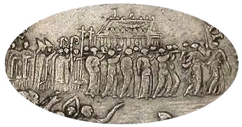 Procession (châsse de Sainte-Geneviève de Paris, sur un jeton de 1702)