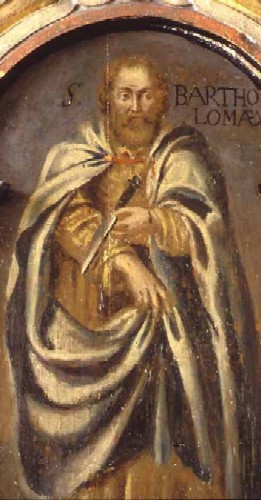 Saint Barthélémy au couteau, saint patron des tanneurs (XVIIe siècle, église d'Oddernes, Norvège)