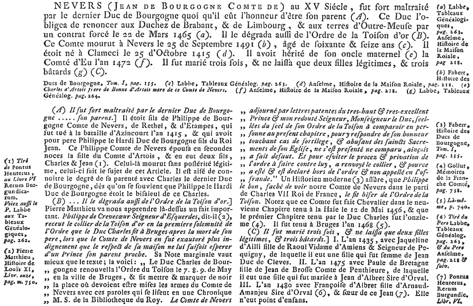 Article Jean de Nevers de l'édition de 1740