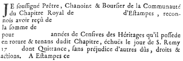 Formulaire de quittance de cens pour les chapitres de Notre-Dame et de Sainte-Croix d'Etampes (milieu du XVIIIe siècle)
