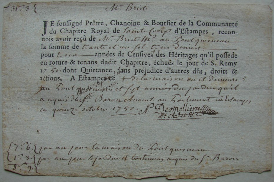 N. Desmolliere (boursier de Sainte-Croix d'Etampes): Quittance de cens pour M. Brict (15 octobre 1750)