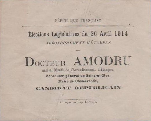 Bulletin de vote pour les législatives d'avril 1914 en faveur du Dr Amodru