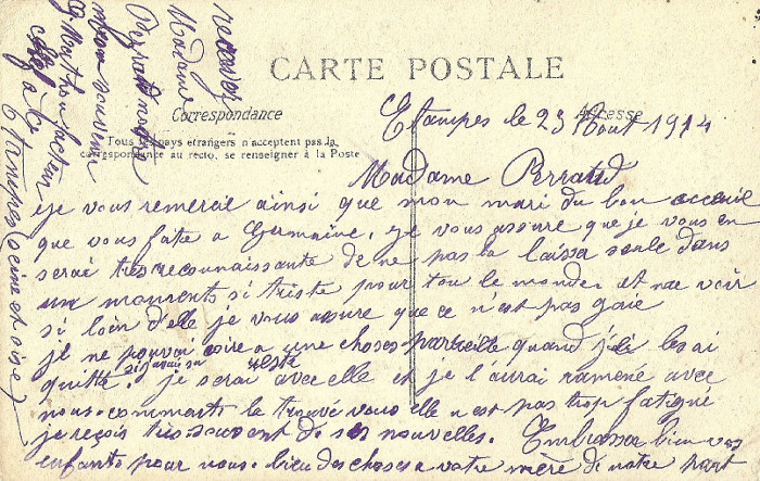 Carte de Gabrielle Sevestre épouse Mathon à Mme Perraud (Etampes, 23 août 1914)