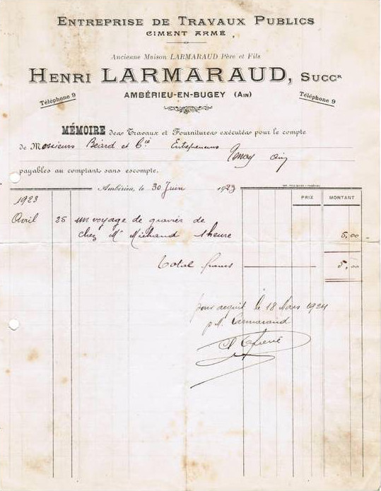 Facture De Larmaraud en date de 1923