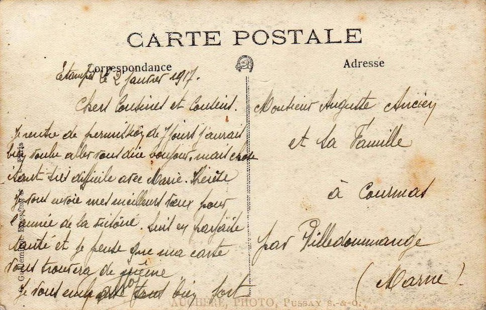 Carte postale éditée par Auchère de Pussay, fin 1916, verso