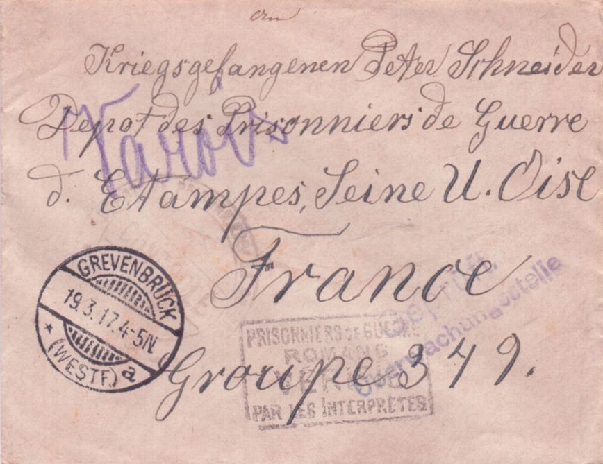 Lettre à Peter Schneider prisonnier allemand à Etampes (19 mars 1917)