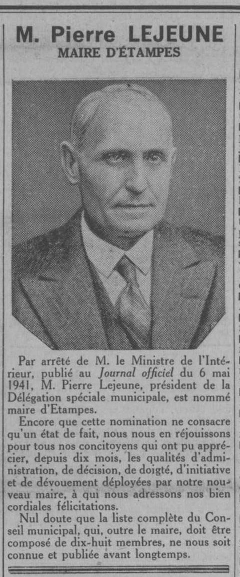 Abaille d'Etampes du 10 mai 1941: Nomination du maire Pierre Lejeune
