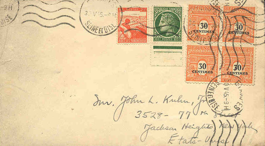 Courrier etatsunien posté à Etampes le 30 mai 1945