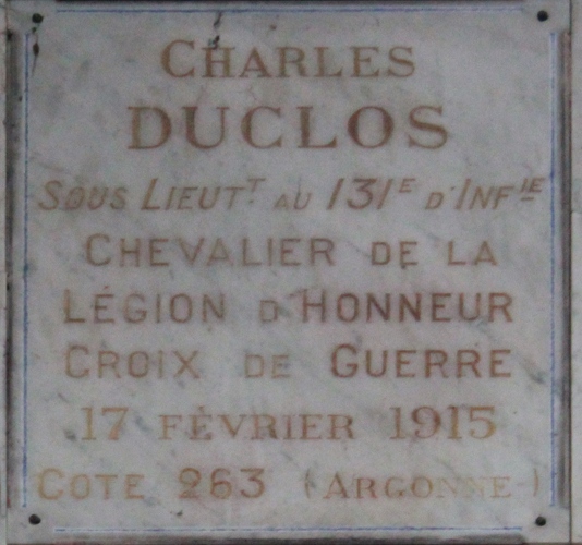 Plaque de Charles Duclos au mémorial de l'église Notre-Dame d'Etampes (1921)