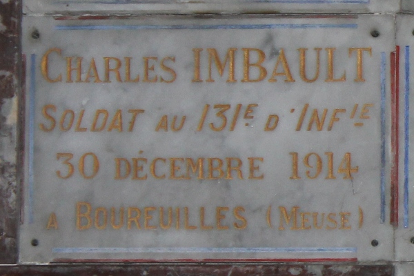 Plaque de Charles Imbault au mémorial de l'église Notre-Dame d'Etampes (1921)