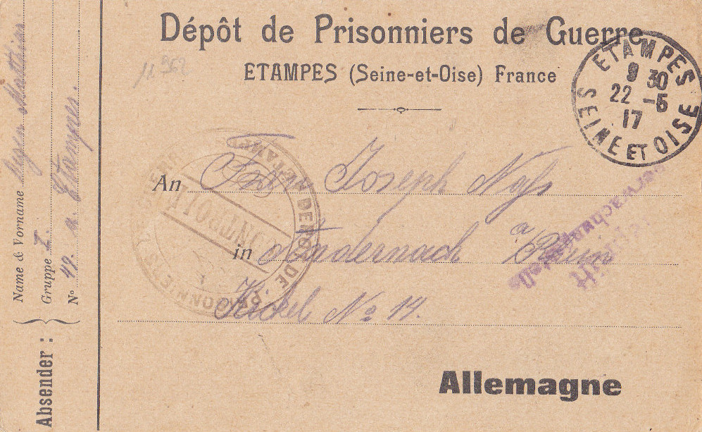 Courrier émanant du dépôt de prisonniers du dépôt d'Etampes