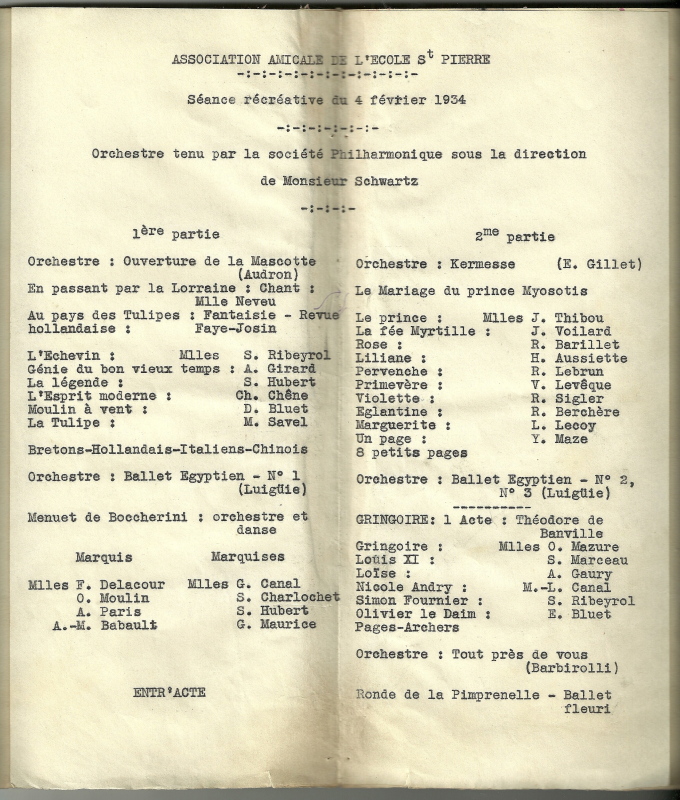 Programme de la soirée récréative 1934